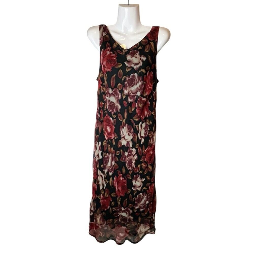 VTG Y2K Dressbarn 14 Slip Dress Black Red Floral Midi Cowl Back Gothic Romantic